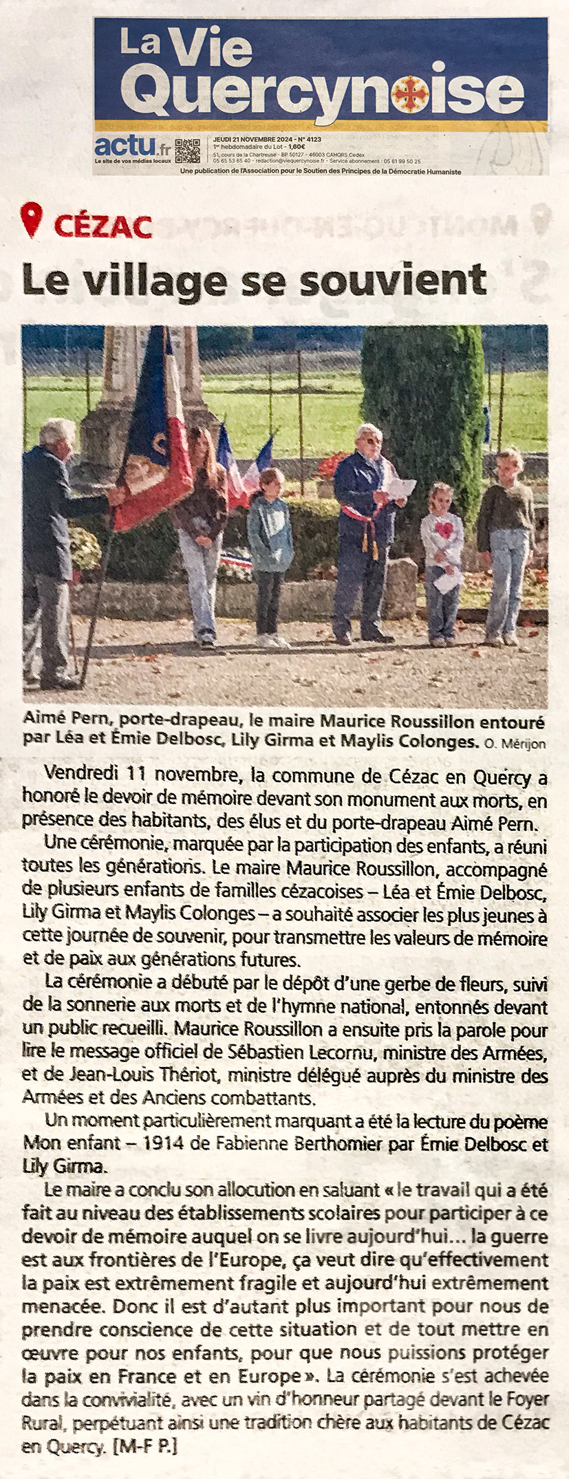 Cézac en Quercy, 11 novembre 2024, La Vie Quercynoise, aticle de Marie-Françoise Plagès, photographie © O.Mérijon