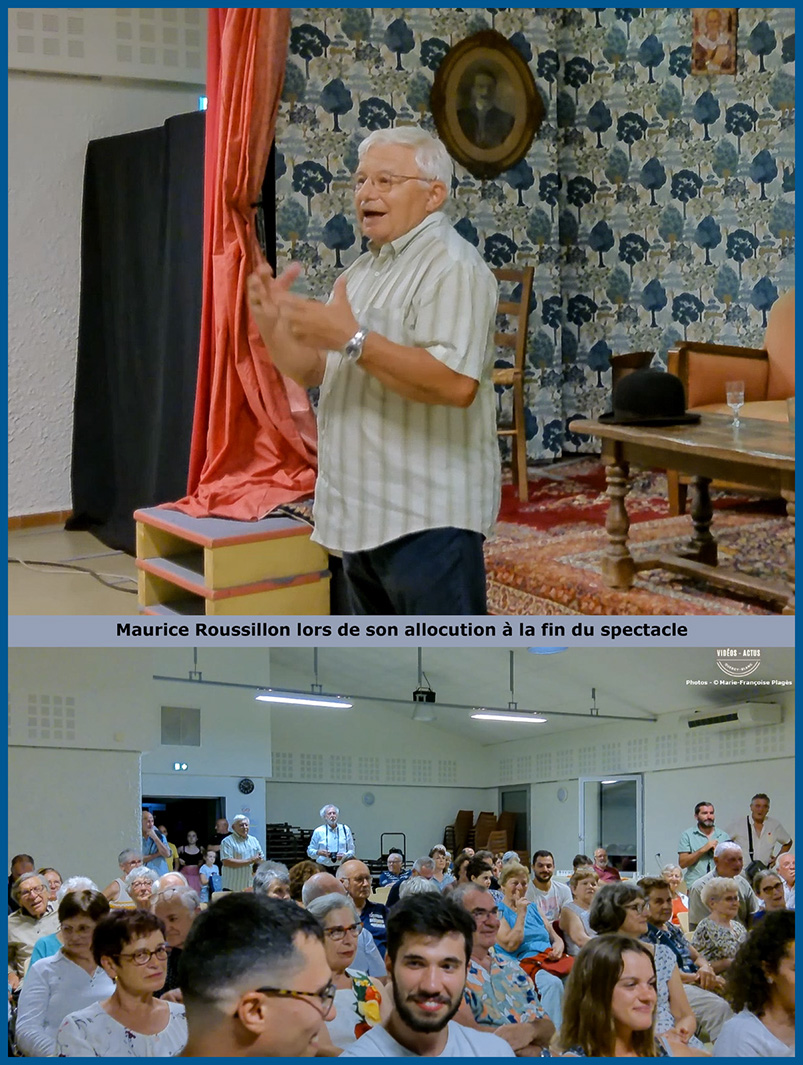 Maurice Roussilon, Maire de Cézac en Quercy -46170- lors de son allocution à la fin de la pièce de théâtre en juillet 2024. Photographie de Marie-Françoise Plagès.